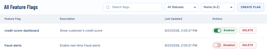 Feature Flag Control dashboard with a feature disabled