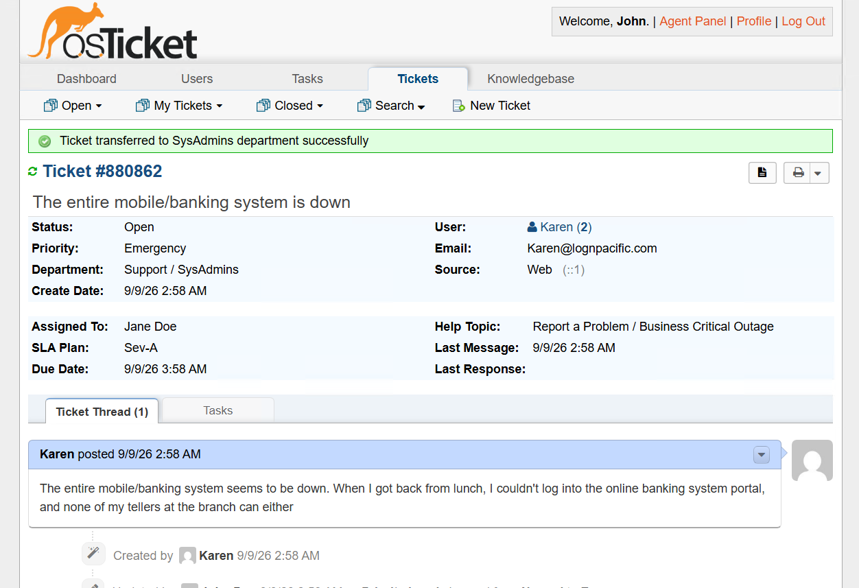 osTicket interface showing a simulated business-critical outage ticket