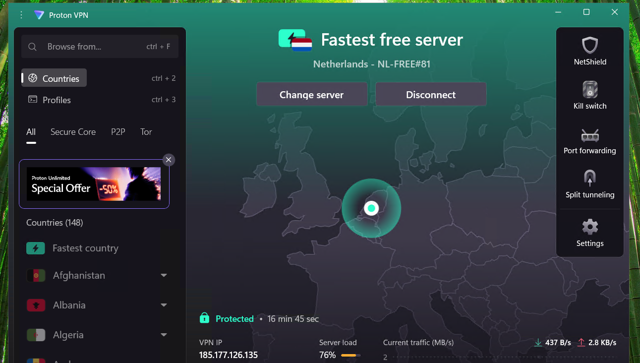 Proton VPN connected on a Windows 11 virtual machine